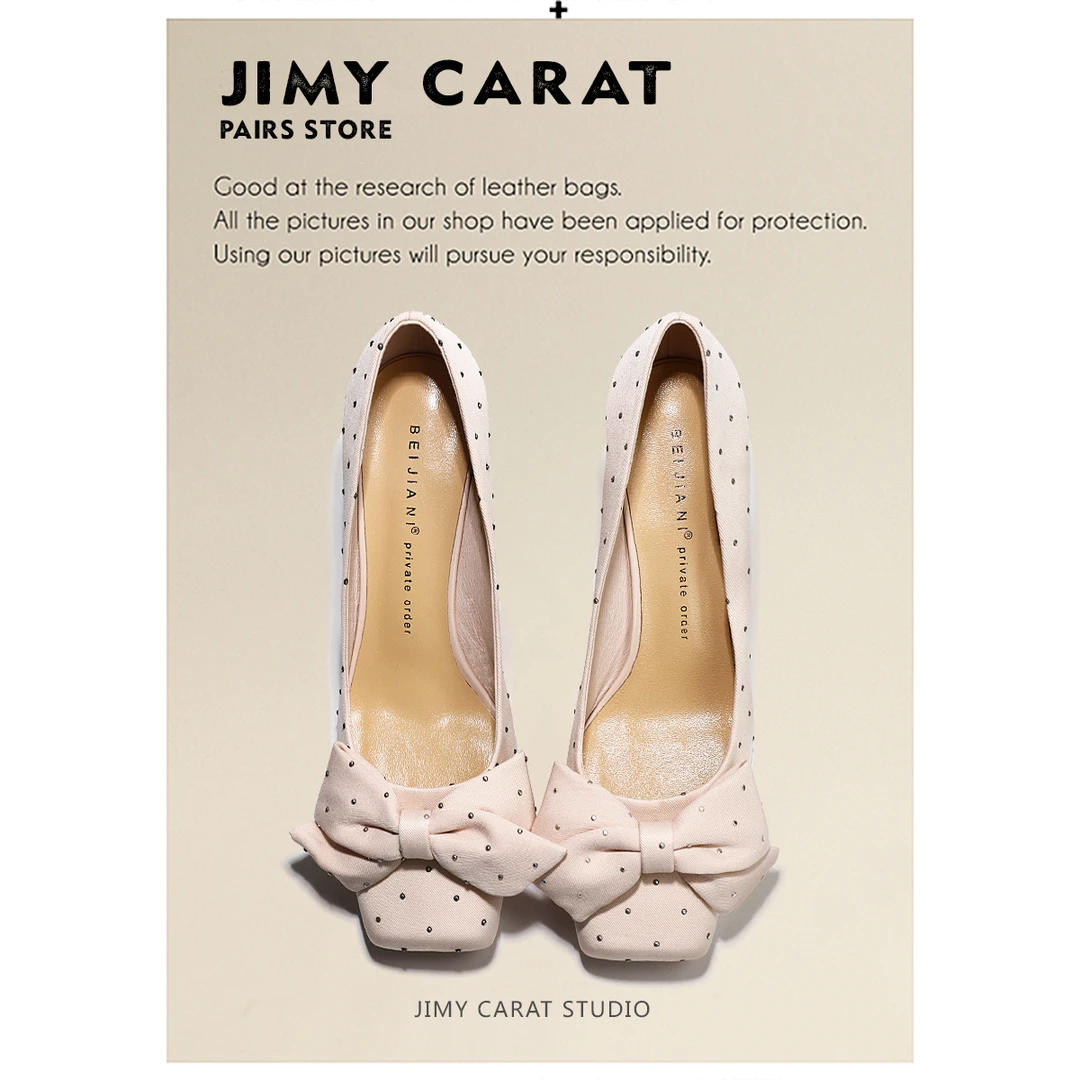 2025年春秋新款米色波点蝴蝶结粗跟方头单鞋法式甜美玛丽珍鞋女