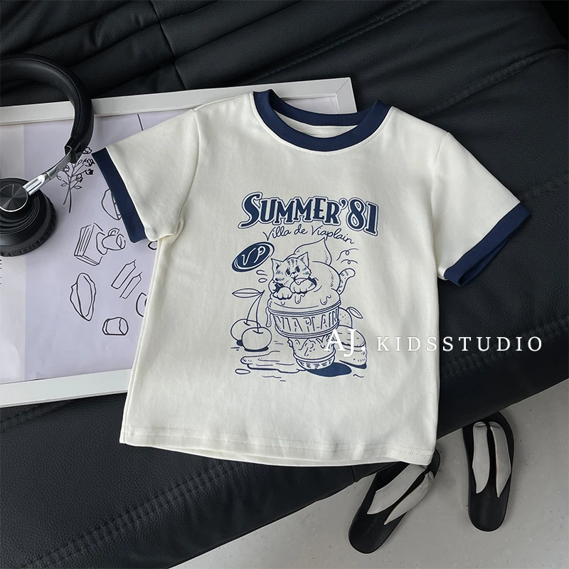 现【冰激凌猫】阿卷夏韩版儿童时尚ins卡通印花休闲短袖T恤MPG6094