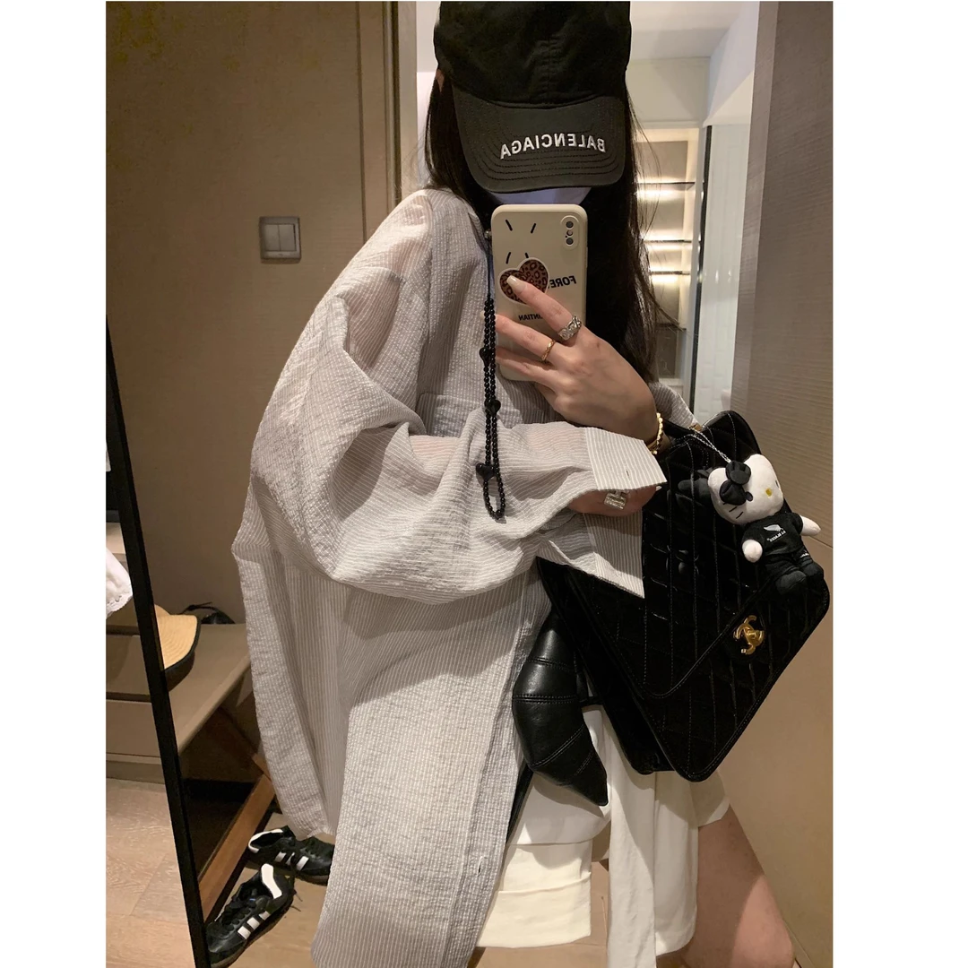 【现货+免运费】【定制纽扣】高品质条纹衬衫女2025春夏防晒衬衣