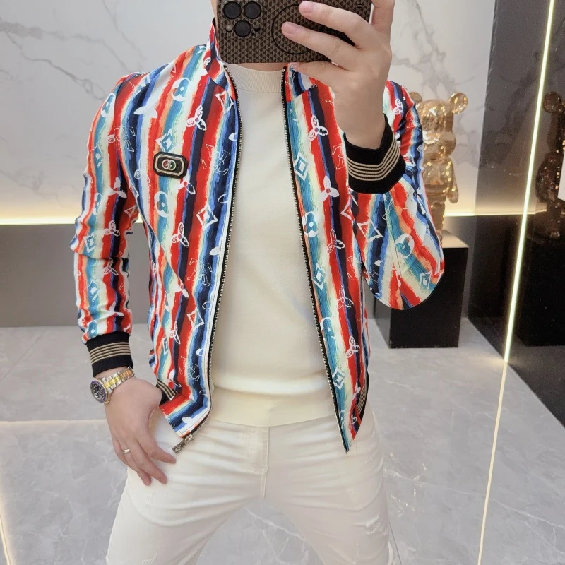 男士夹克2025秋季新款修身帅气个性印花立领网红潮流时尚休闲外套