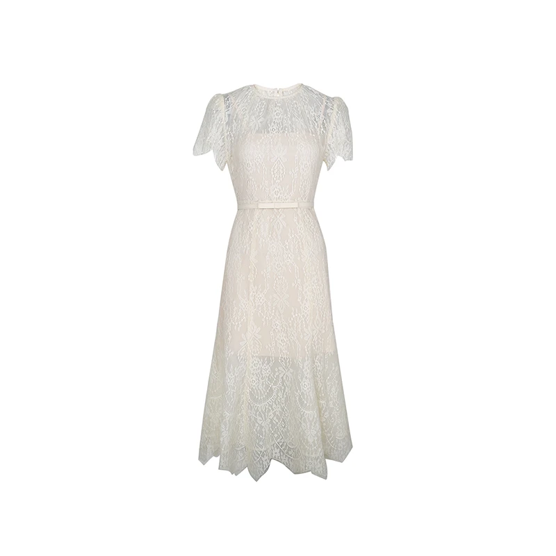 蕾丝绣花收腰裙气质蕾丝短袖礼服优雅时尚长款修身连衣裙22631