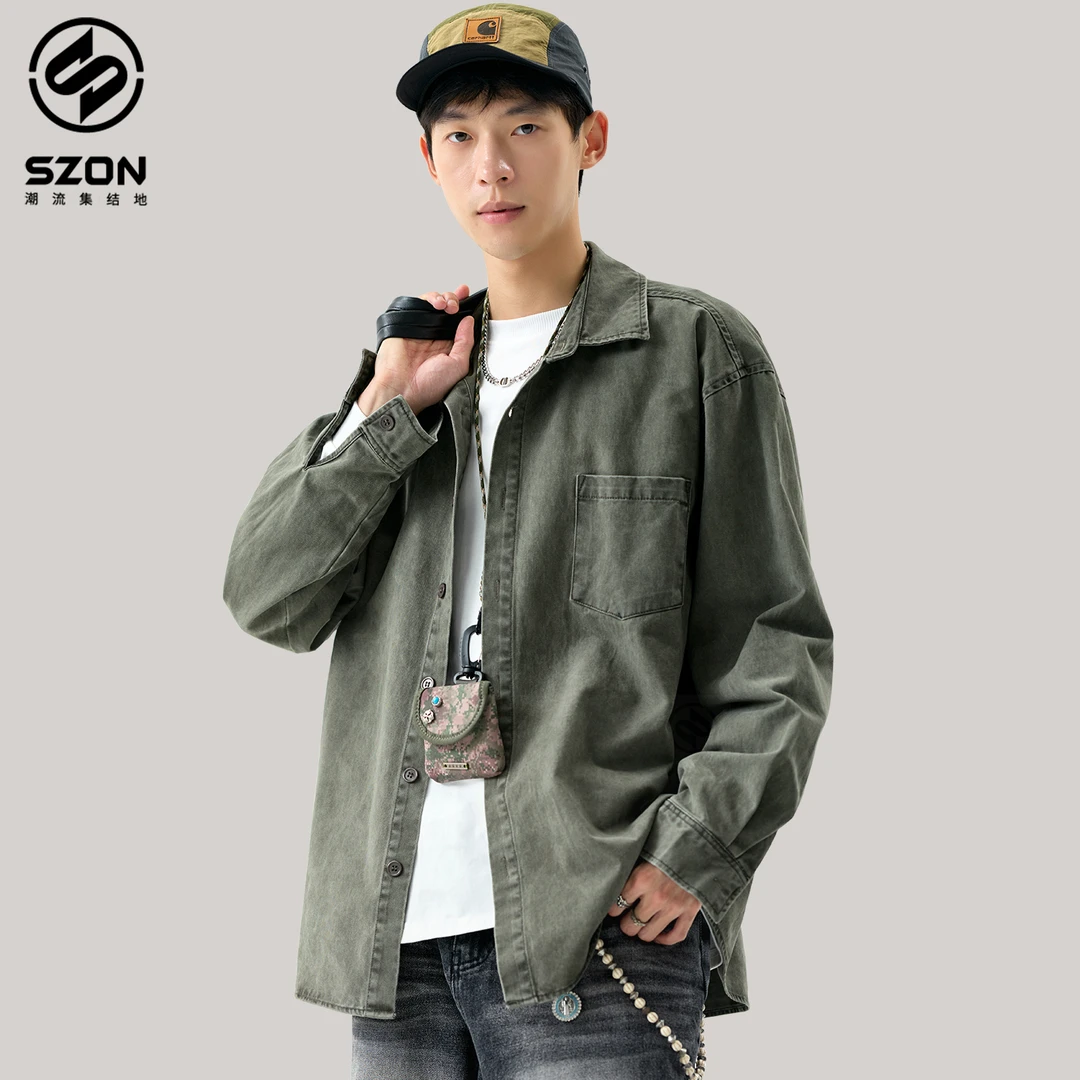 男款纯棉工装夹克cleanfit高级感长袖衬衫春秋痞帅翻领衬衣外套