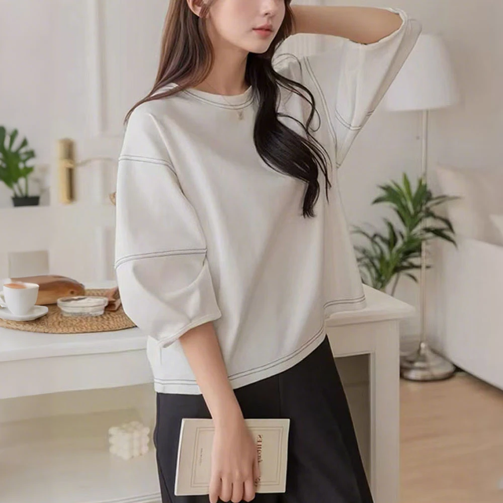 2025夏装新款高级感明线装饰灯笼袖T恤女韩版宽松棉质短袖上衣潮