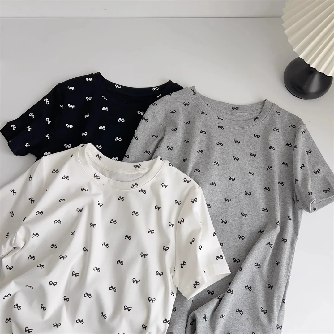 懒惰风蝴蝶结碎花短款短袖t恤衫女夏季2025新款爆款设计感正肩
