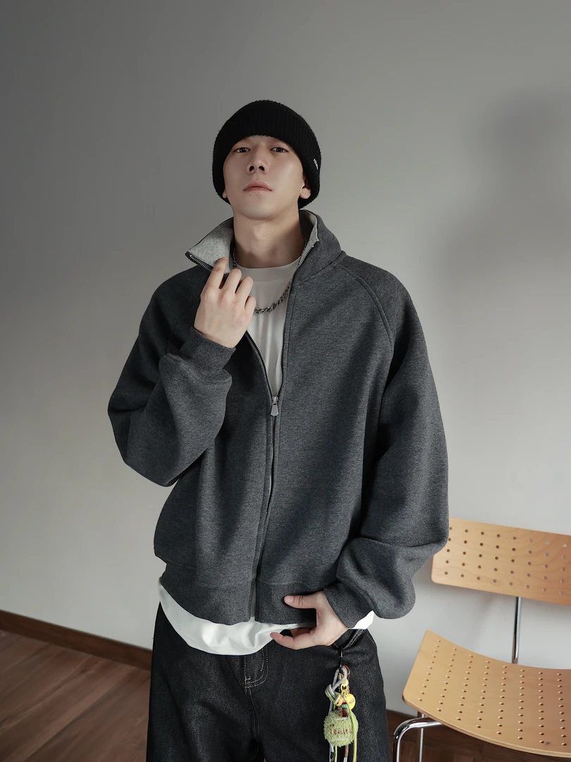 情侣常规款拉链纯色美式休闲风男加厚立领秋冬夹克