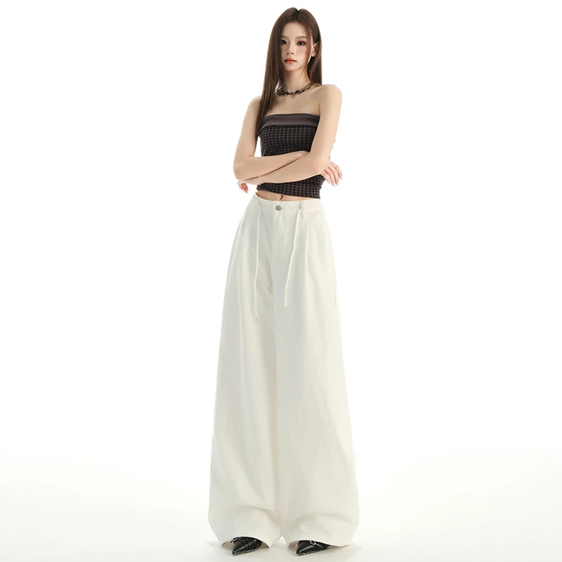 早秋新款白色宽松压褶阔腿裤牛仔裤女高腰直筒慵懒休闲裤拖地长裤