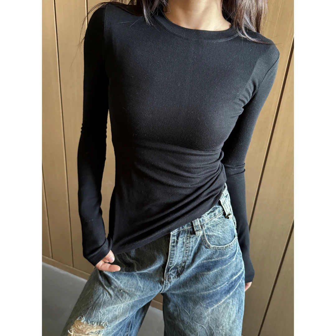 井迪儿【可可糖】辣妹风百搭简约修身微透后背折骨打底长袖T恤