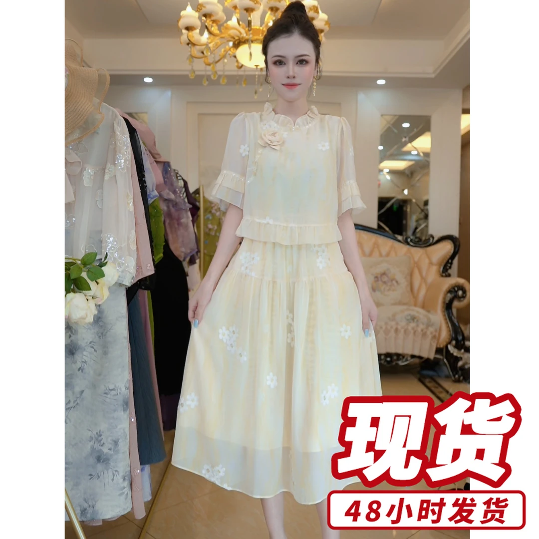 时尚I气质洋气假俩件礼服裙2025夏季修身裙子D3422