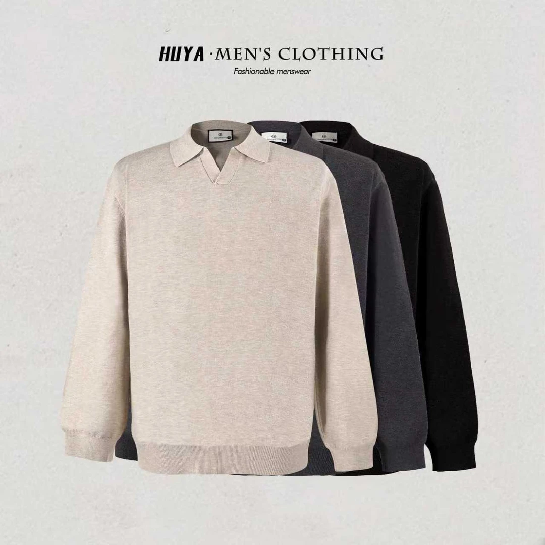 虎牙兄弟秋冬男士针织莫代尔绵羊毛纯色慵懒感翻领长袖毛衣Z9017