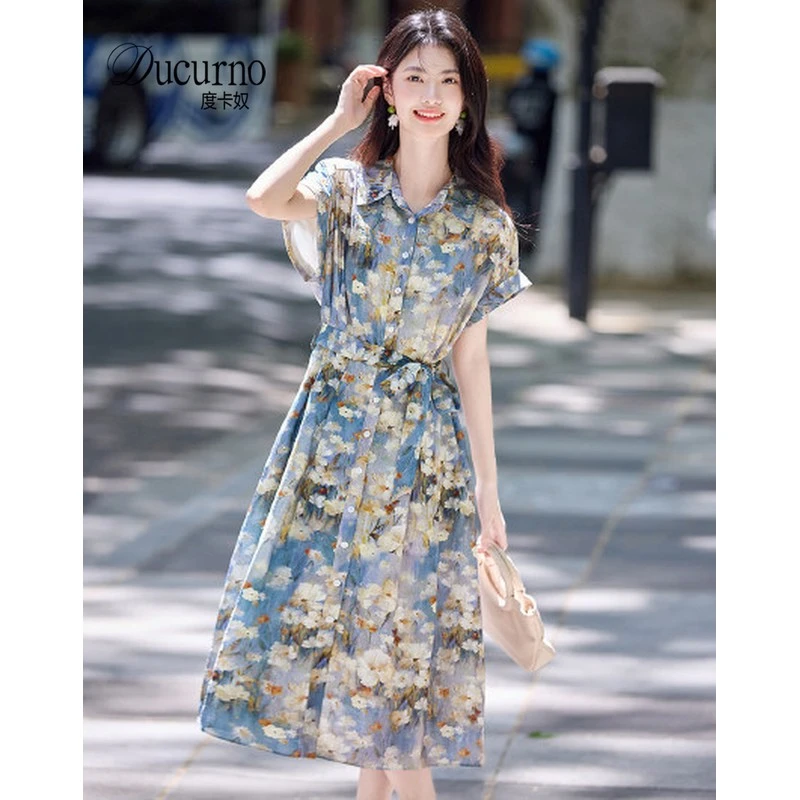 气质衬衫裙子休闲法式连衣裙女装夏季2025新款短袖系带中长款收腰