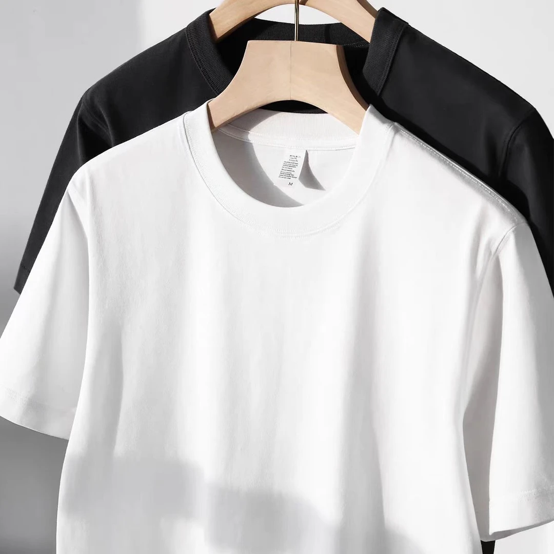 【2件装】300克重磅纯棉夏季短袖T恤男女白色纯色简约宽松圆领半袖