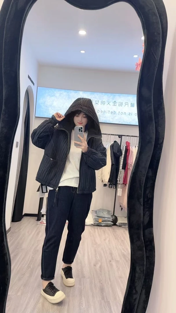 2025五姐9858爆款绗缝拼接格帽二棉外套