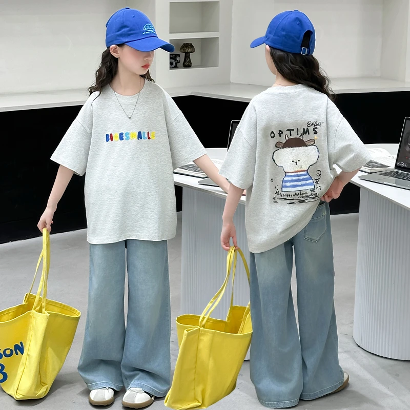 女童夏季短袖套装2025新款洋气女大童夏装牛仔裤儿童休闲两件潮