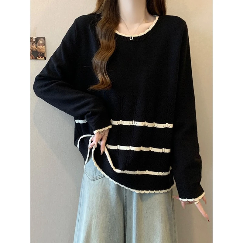 mkrh风格圆领对比色长袖2025春秋季加码百搭套头宽松女性上衣