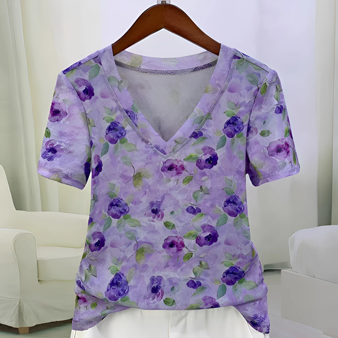 紫色花朵显瘦短袖印花短款植物花卉V领夏季T恤透气时尚圆领1716