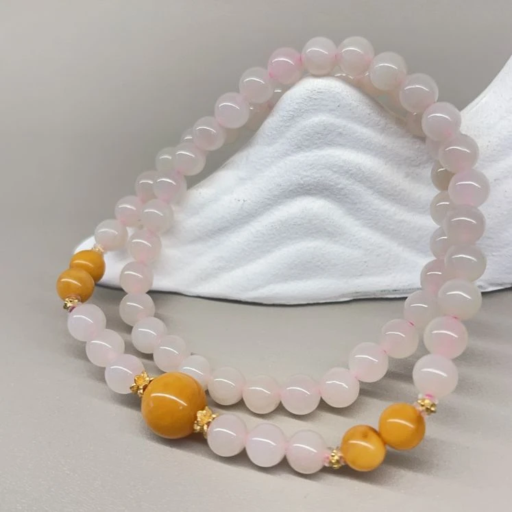 【珊木居】S1745JY 月夕花晨 藕粉和田玉0.5圆珠+蜜蜡双圈手串