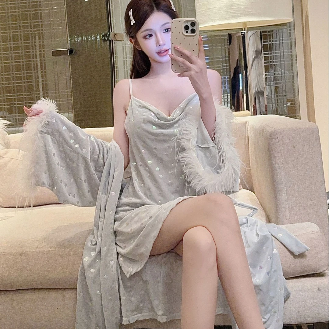 性感睡衣女秋冬季金丝绒吊带睡裙睡袍两件套纯欲风提花韩式绒家居