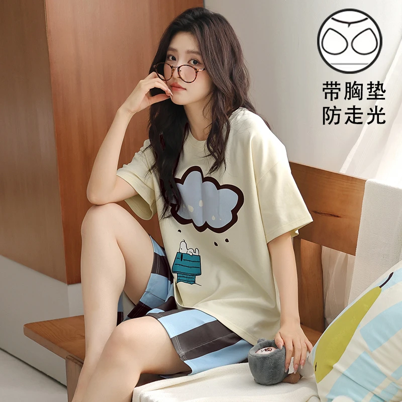 带胸垫一体睡衣女款夏季韩版2025新款可爱外穿甜美薄款家居服套装
