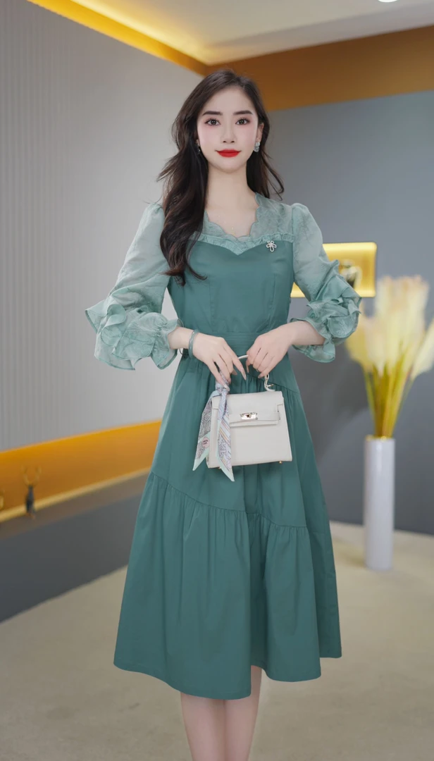 【高货定制】B260绿色新款优雅气质时尚减龄休闲收腰显瘦连衣裙