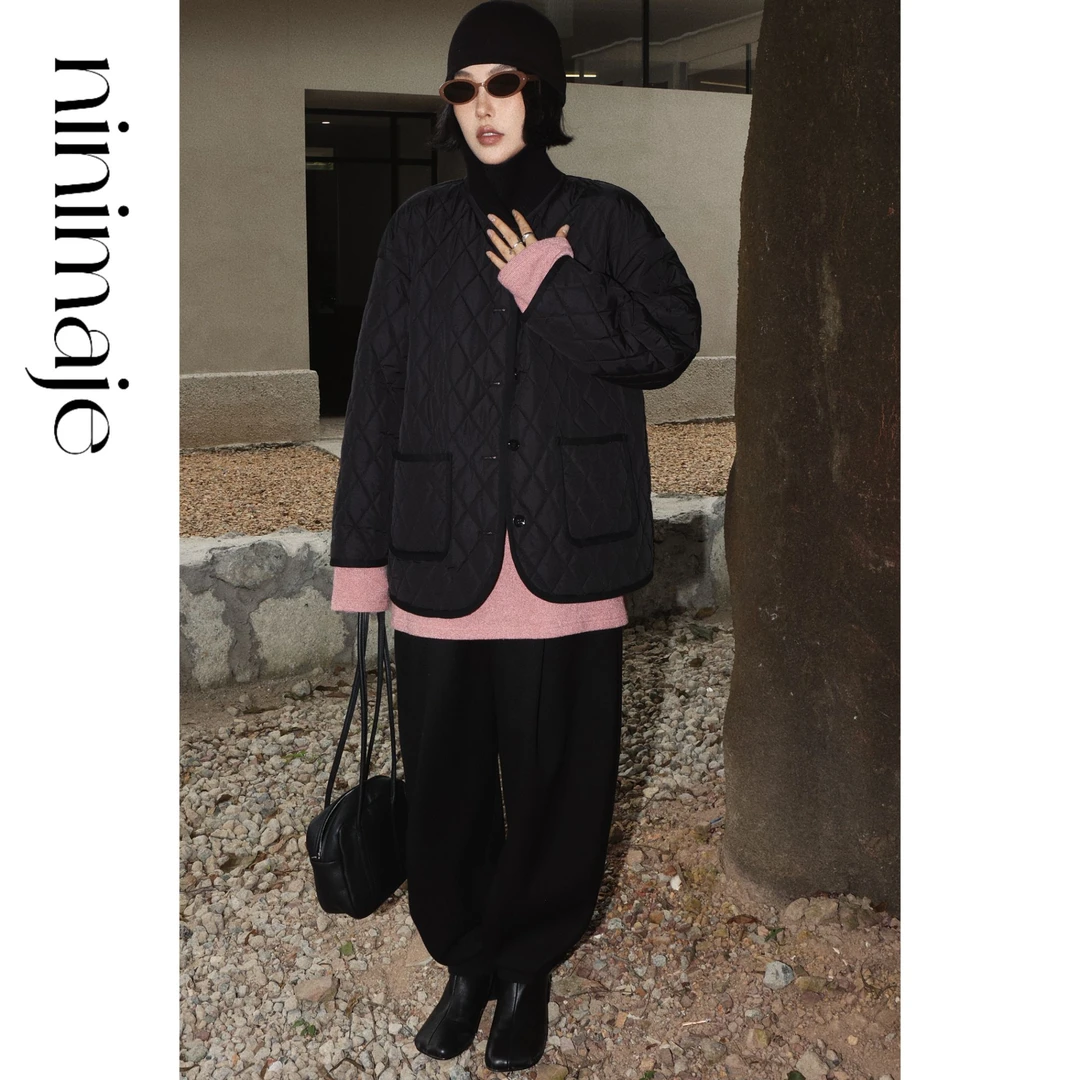 NanBeiBei 冬季新款复古菱格绗缝裥棉拼接领经典菱格棉服 7050