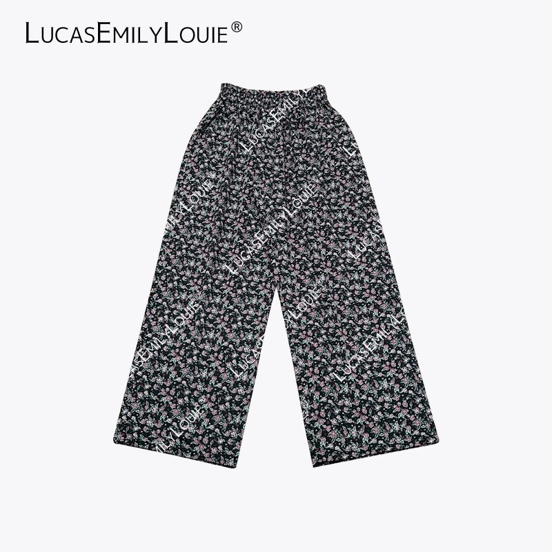 LUCASEMILYLOUIE 复古休闲黑底红花花松紧腰直筒阔腿裤2510256