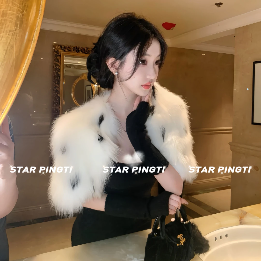 皮草外套女秋冬轻奢高端名媛气质贵气千金感重工仿山猫狐狸毛披肩