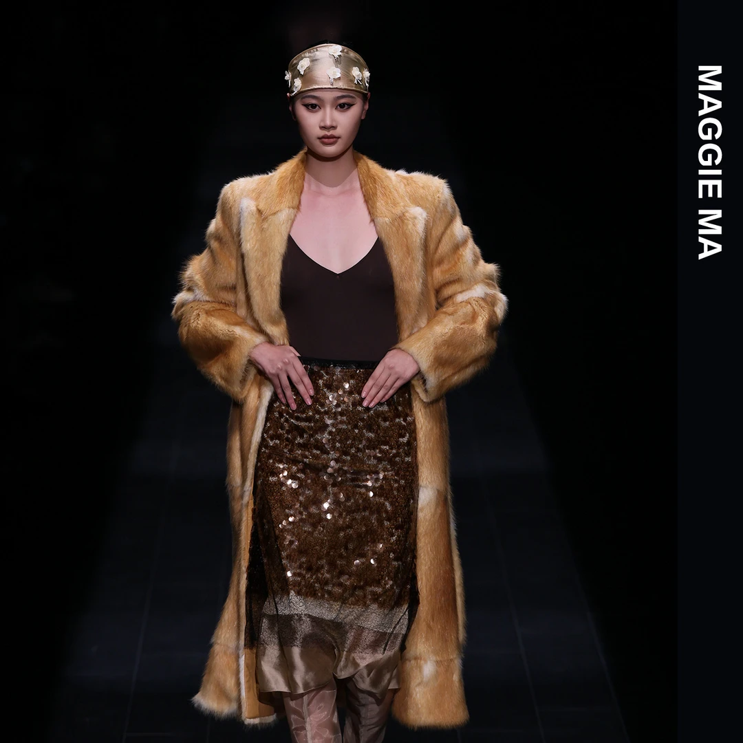 MAGGIE MA马婧设计师款奢华水貂毛大衣长款系带外套732C