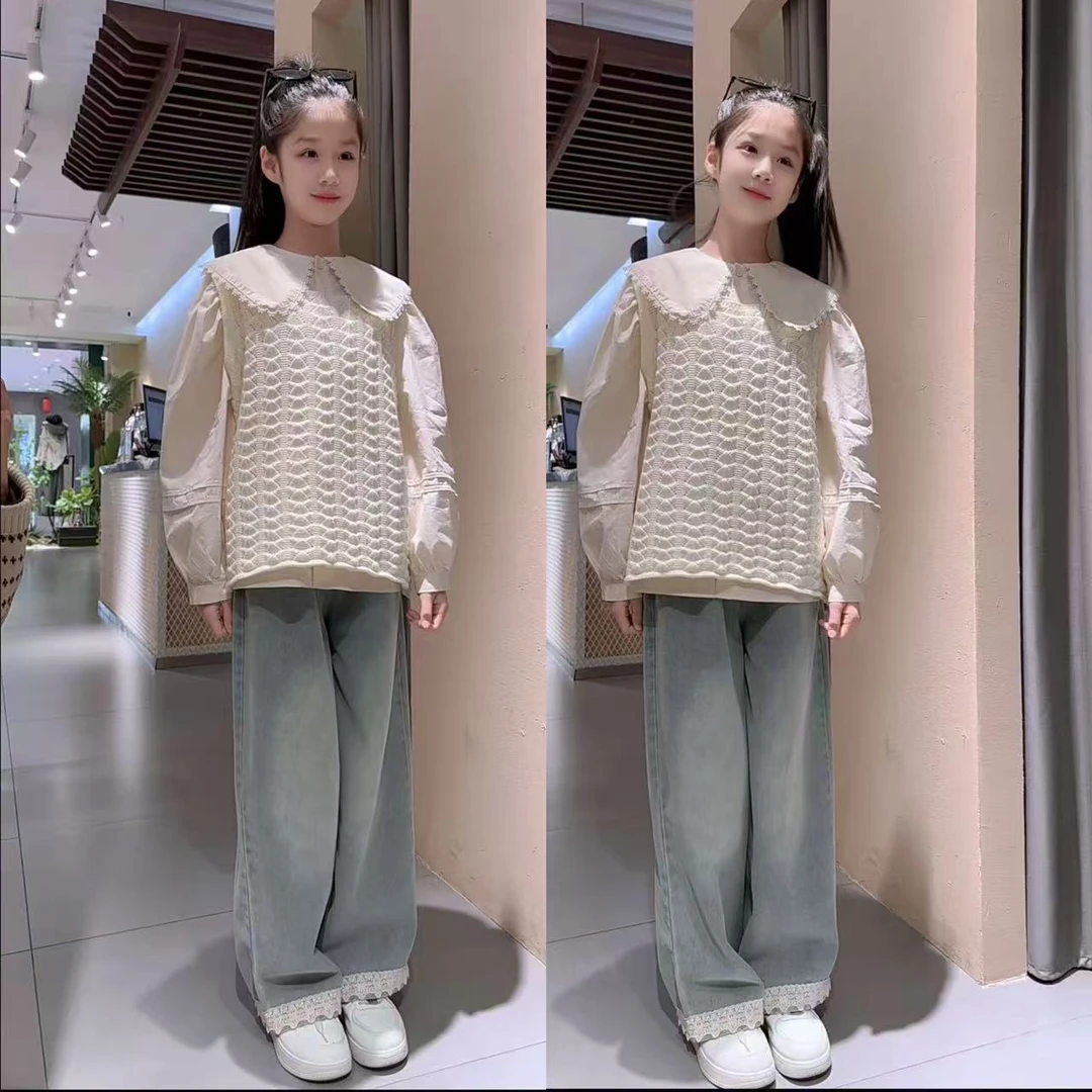 女童韩版毛衣马甲套装儿童春装韩系衬衫牛仔裤阔腿裤三件套潮