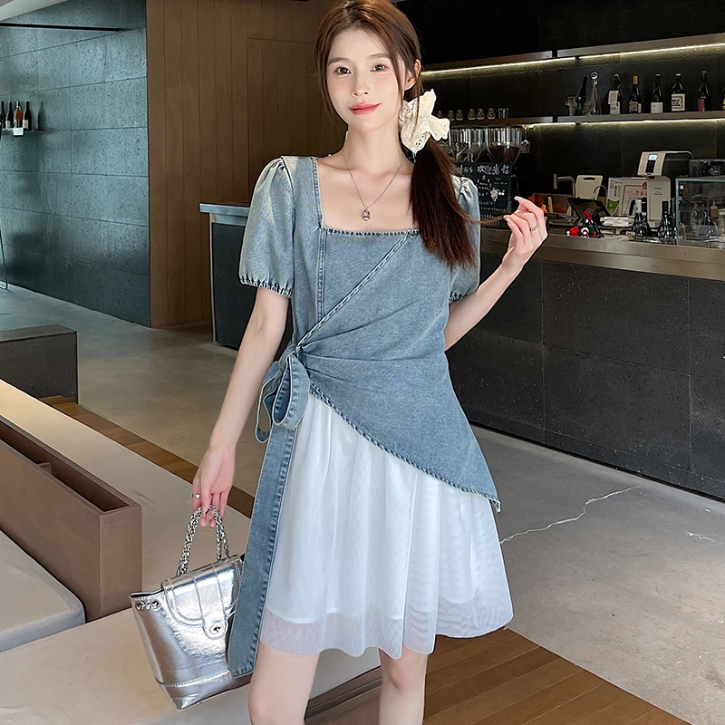 牛仔拼色流行初夏穿搭蓬蓬裙子绑带收腰夏日绝美美连衣裙女