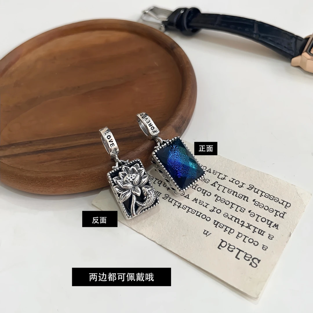 吊坠925银 蓝宝千花琉璃双面吊坠小众精工高级百搭活动扣咀子