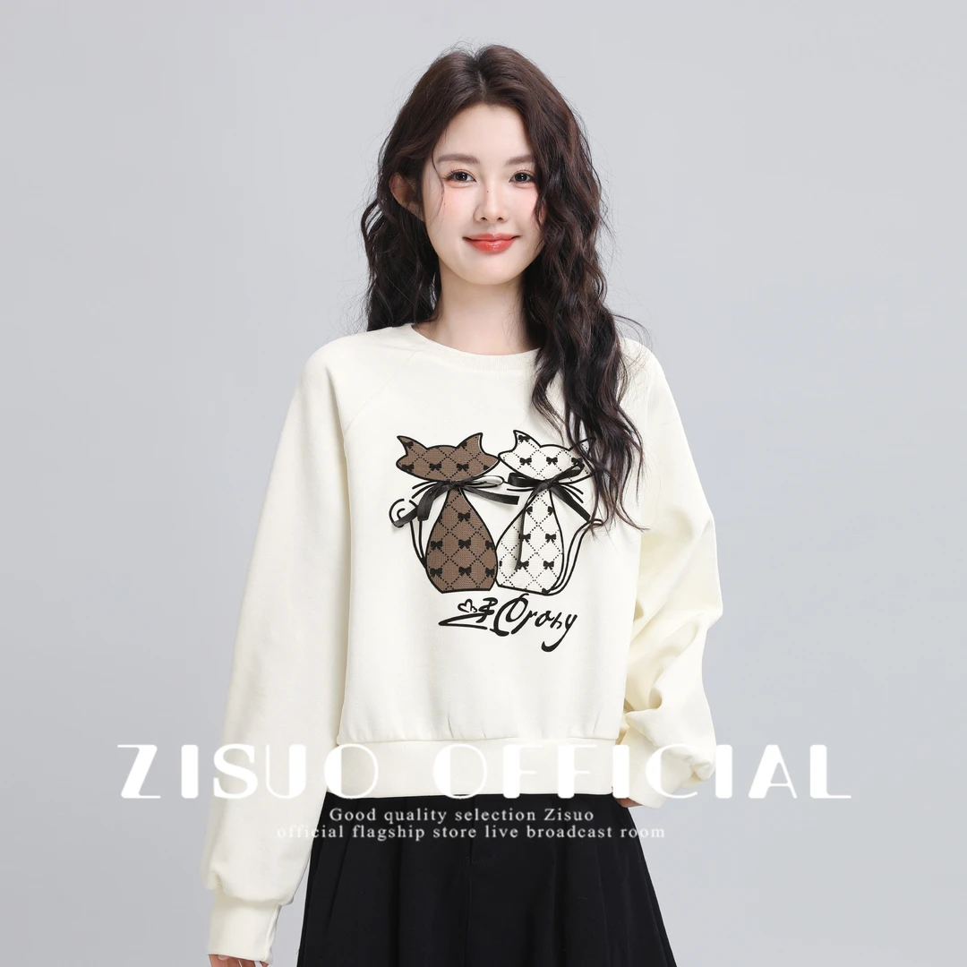 杏色蝴蝶结圆领卫衣女2025春秋新款设计感卡通猫咪无帽套头短上衣