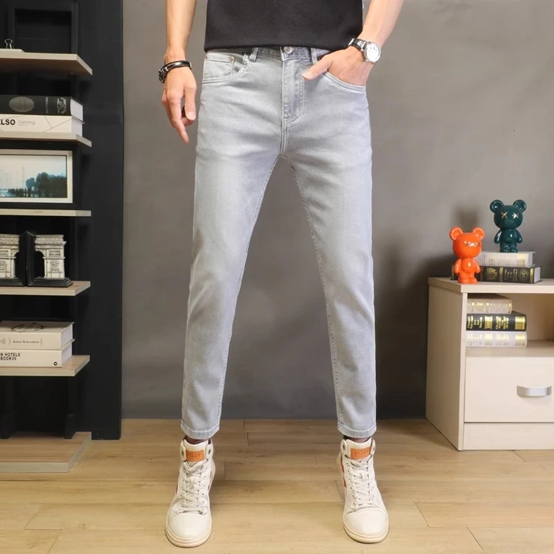 GS2025新款高端灰白色牛仔裤男修身小脚裤弹力韩版休闲薄款九分裤