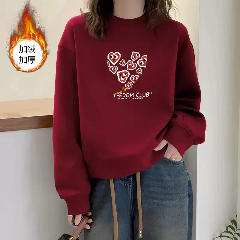 女款秋冬季新款加绒卫衣小个子短款加厚圆领宽松显瘦套头长袖T恤