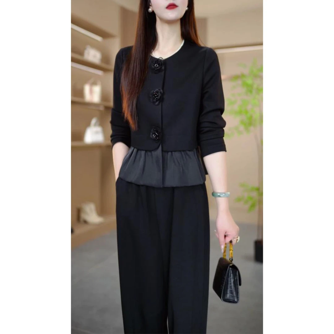 2025秋季新款时尚休闲套装女气质显瘦设计感长袖上衣阔腿裤两件套