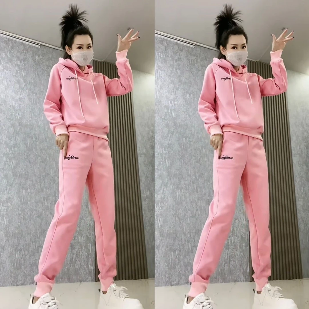 时尚休闲运动2025女春秋新款宽松百搭加厚连帽卫衣休闲裤两件套
