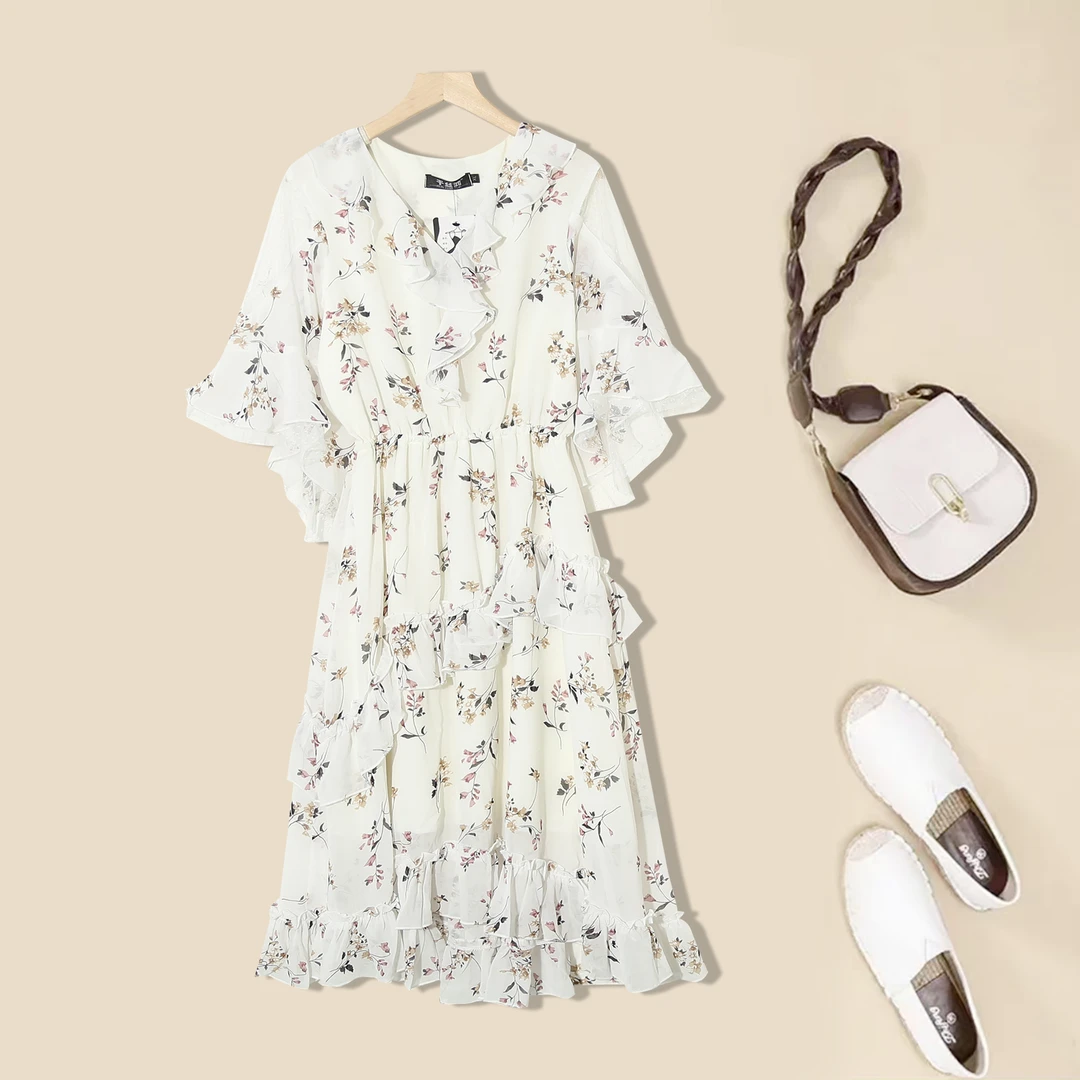 高级感夏季女士连衣裙花边V领设计感时尚复古碎花系带长裙S05
