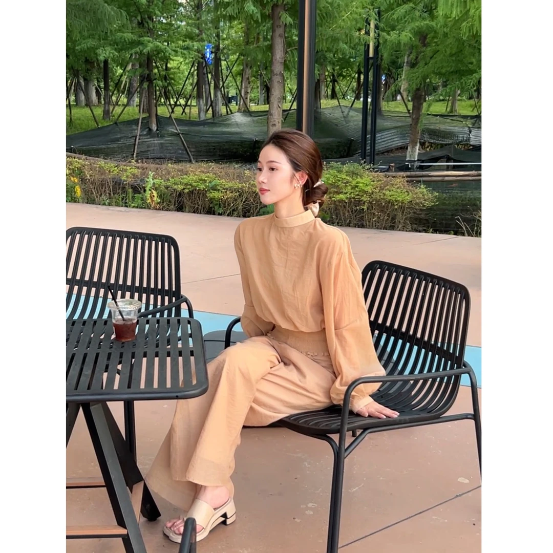 YOUNE 暮光-气质女神套装肉桂色上衣+肉桂色裤子时尚韩系S11112