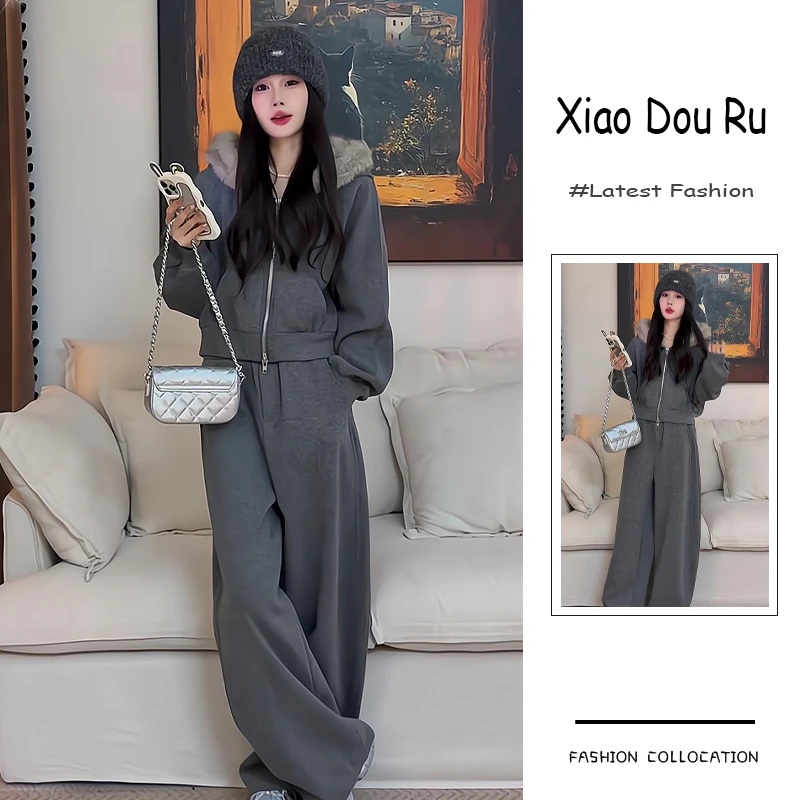 秋冬流行穿搭一整套新款2025年韩系温柔风慵懒连帽卫衣裤子两件套