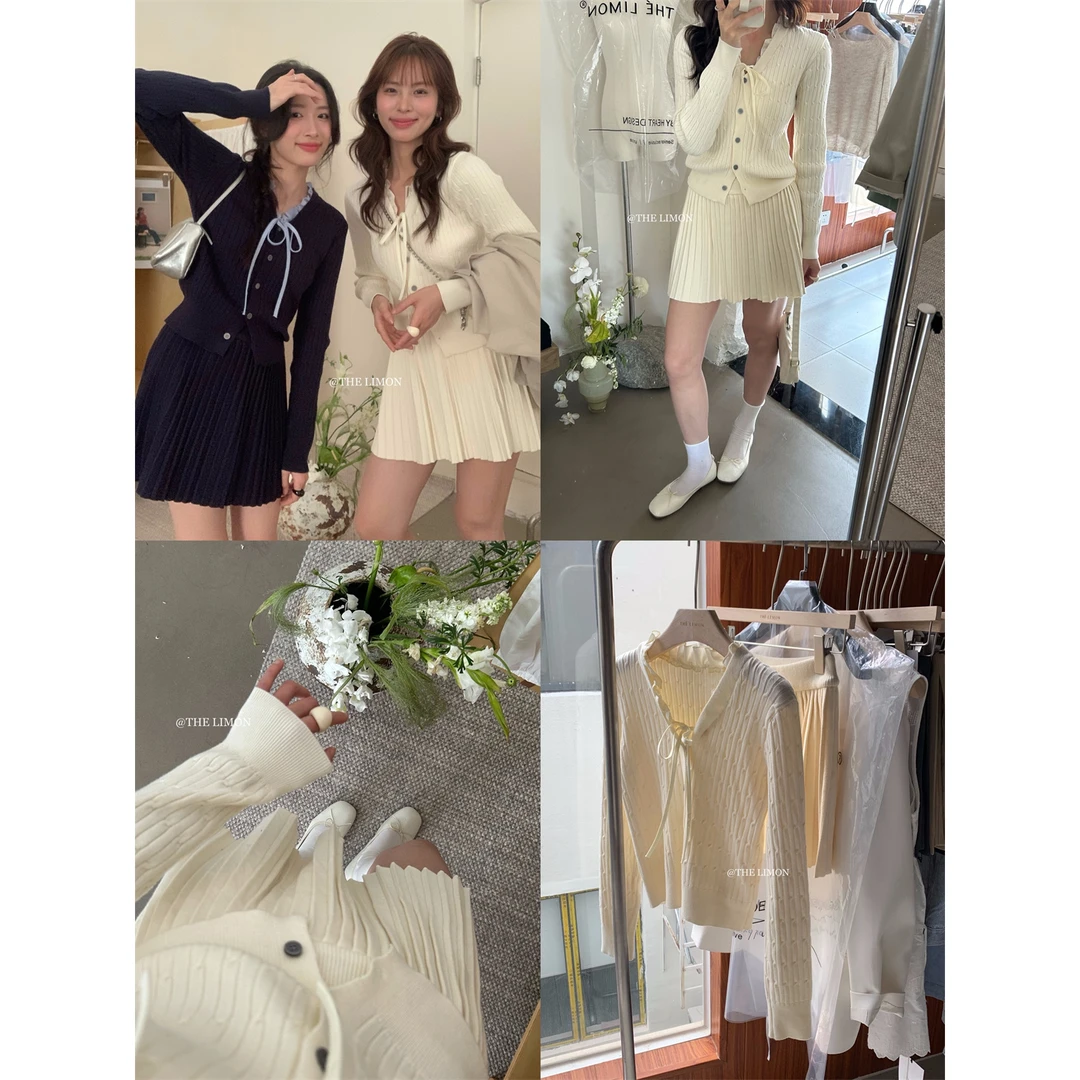 美树【柠檬绿茶】韩系学院风V领系带针织开衫+百褶半身裙套00-6812#