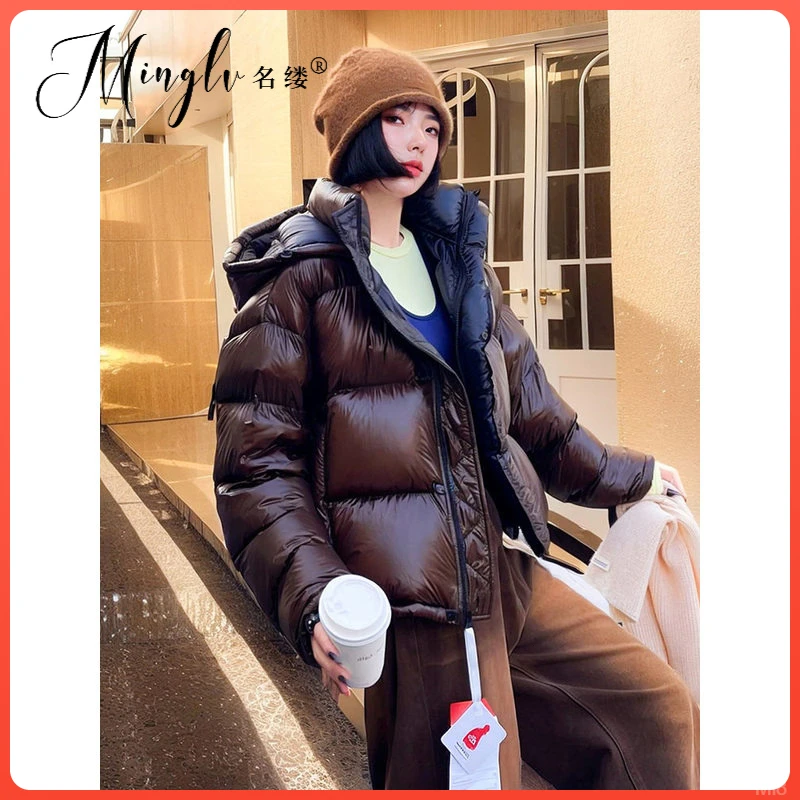 设计感冬季小个子名缕轻奢连帽咖啡色羽绒服女加厚女装短款面包服