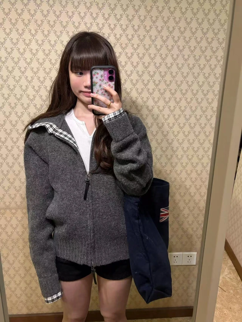 复古慵懒拼接格纹连帽毛衣外套女秋冬2025休闲双拉链灰色针织开衫