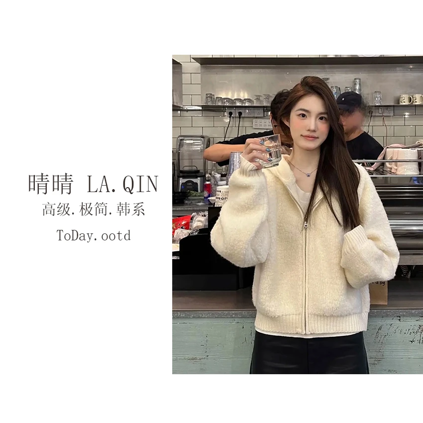 晴晴家-【卷卷毛】韩版时尚百搭甜美风羊毛圈圈拉链连帽外套4381