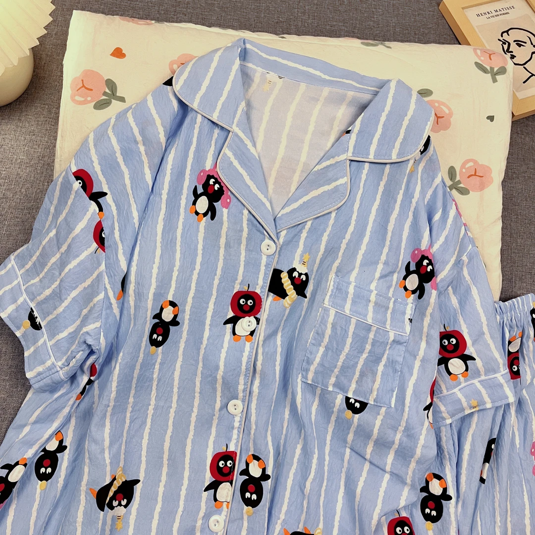 带胸垫睡衣女夏季条纹短袖短裤甜美企鹅休闲宽松开衫家居服套装