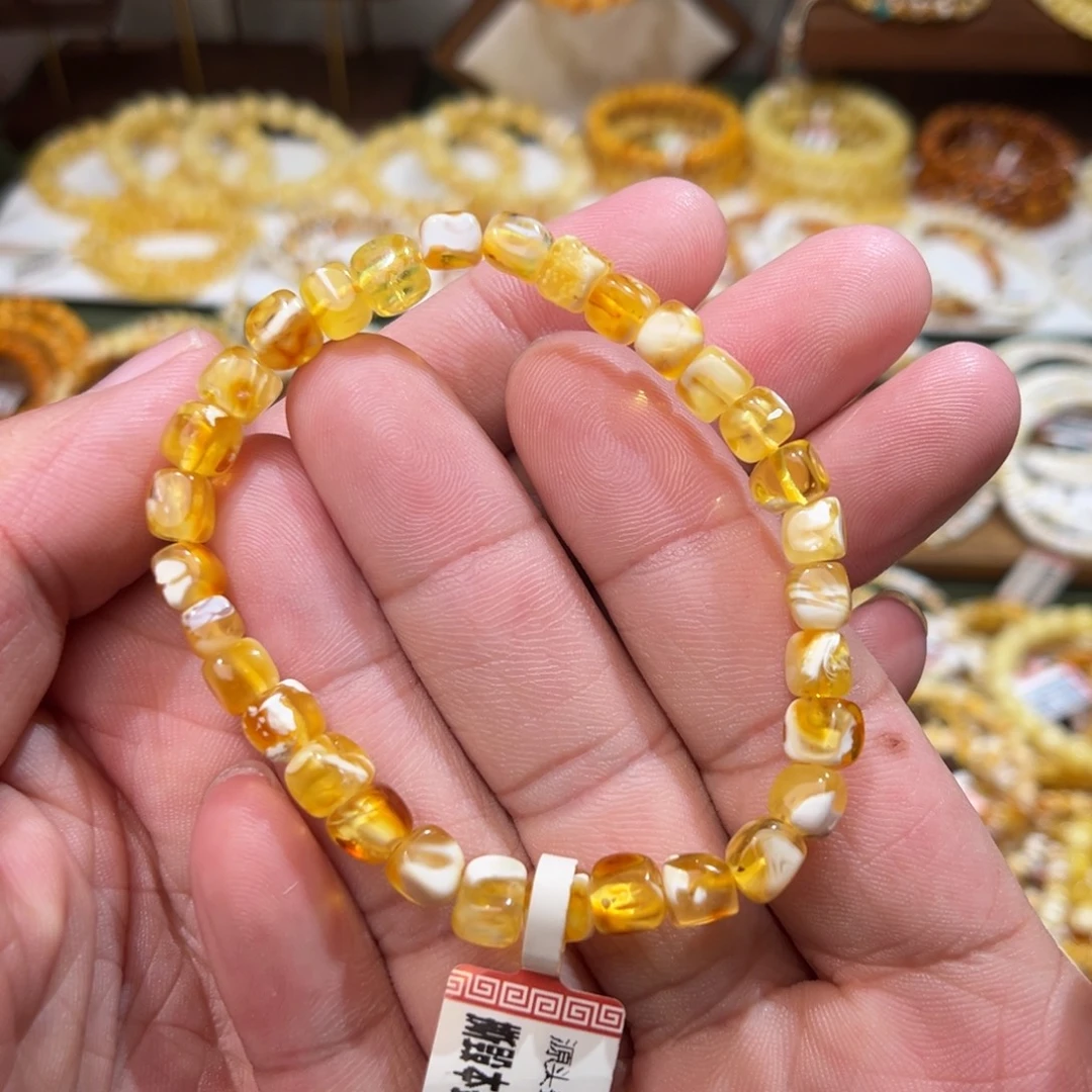 蜜蜡未镶嵌手链橘金瓷白溶洞妖花方糖5.8mm