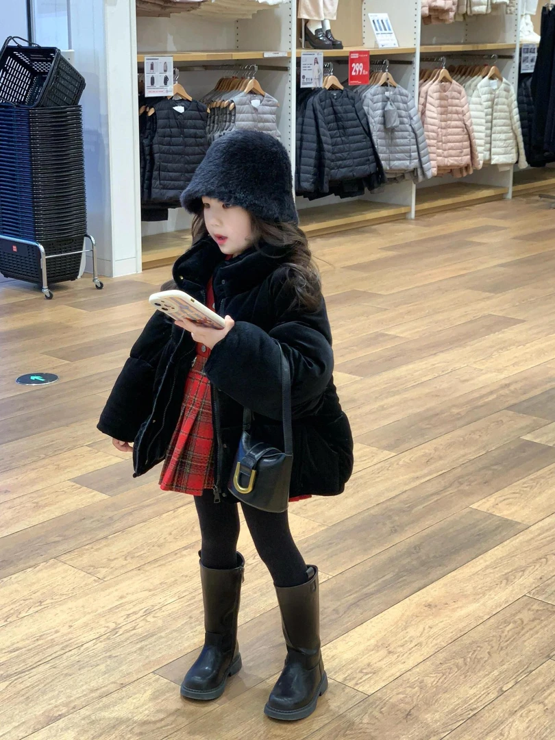 大橙子Studio女童冬款立领丝绒棉服外套刺绣麻花毛衣红格毛呢短裙