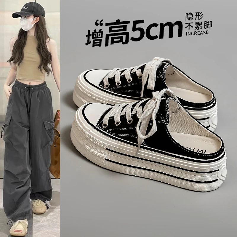 包头帆布半拖鞋女夏外穿2025新款松糕厚底休闲板鞋一脚蹬小白板鞋