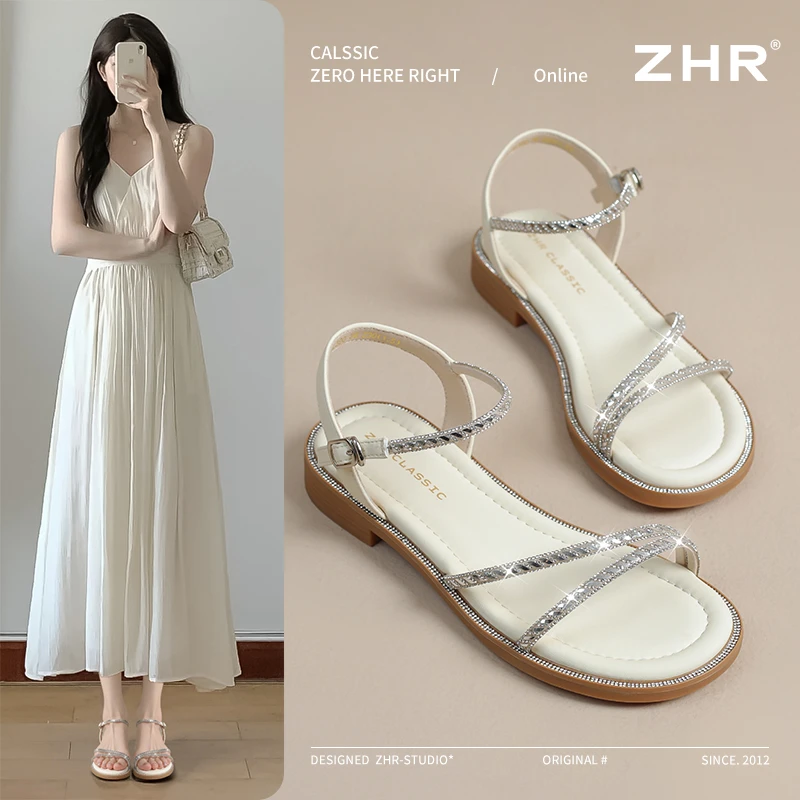 ZHR则则简约细带凉鞋2025夏季水钻低帮法式细跟透气仙女风单鞋子