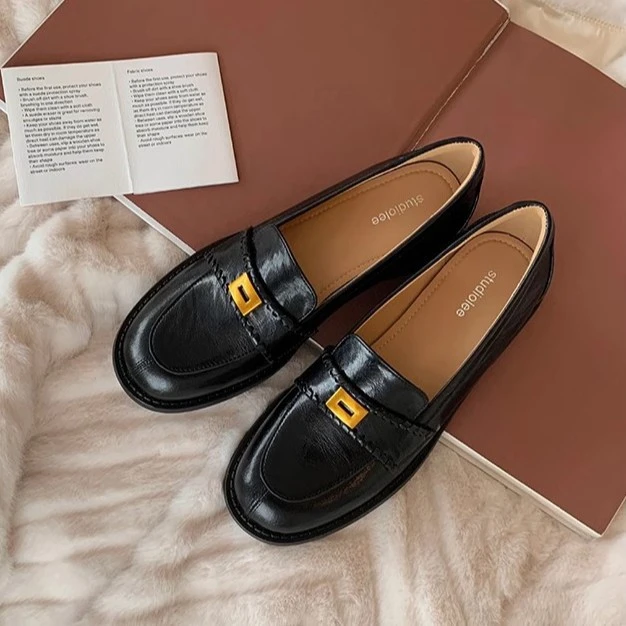 [iDO]休闲百搭小金扣乐福皮鞋春季英伦风复古圆头懒人粗跟时尚ol