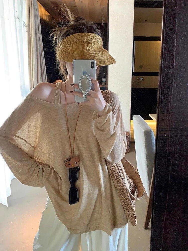 防晒罩衫T恤吊带背心两件套女夏2025新款宽松慵懒风穿搭长袖上衣