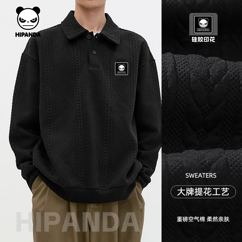 HiPanda男士空气层提花卫衣男士春秋美式痞帅硬挺polo领套头外套